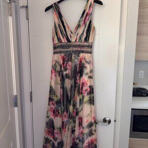 Jovani Flowery Midi Dress with beaded waistline